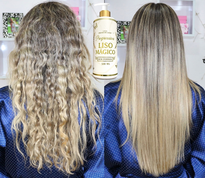 Antes e depois — cabelo ondulado loiro para liso sedoso
